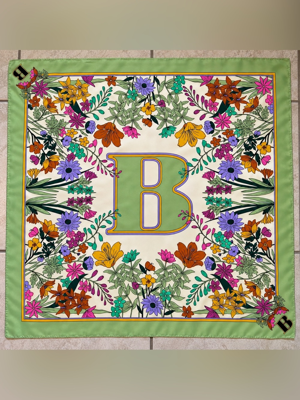 Zara 100% Silk Floral 'B' Scarf in Green, Cream and Multicolor